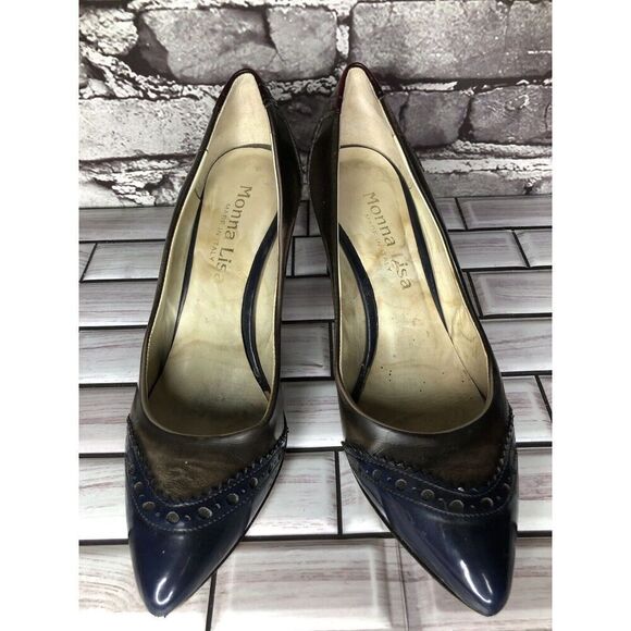 Mona Lisa Gray Blue Red Leather Pointed Toe Dress Heels Women’s Sz 37.5EU/7M US - Picture 16 of 16